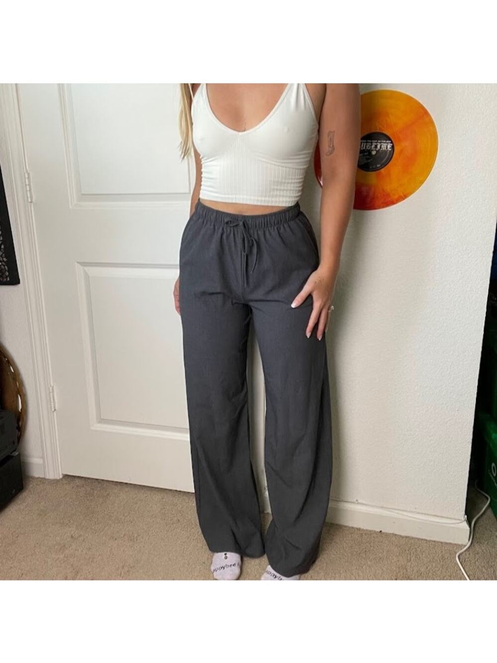 Stradivarius Dark Gray Euro Summer Long Flowing Smart Trousers Sz M